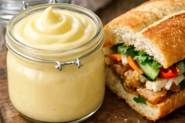Jar of vietnam mayonnaise beside a bánh mì sandwich