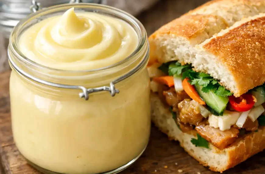 Jar of vietnam mayonnaise beside a bánh mì sandwich