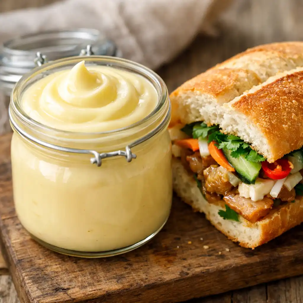 Jar of vietnam mayonnaise beside a bánh mì sandwich