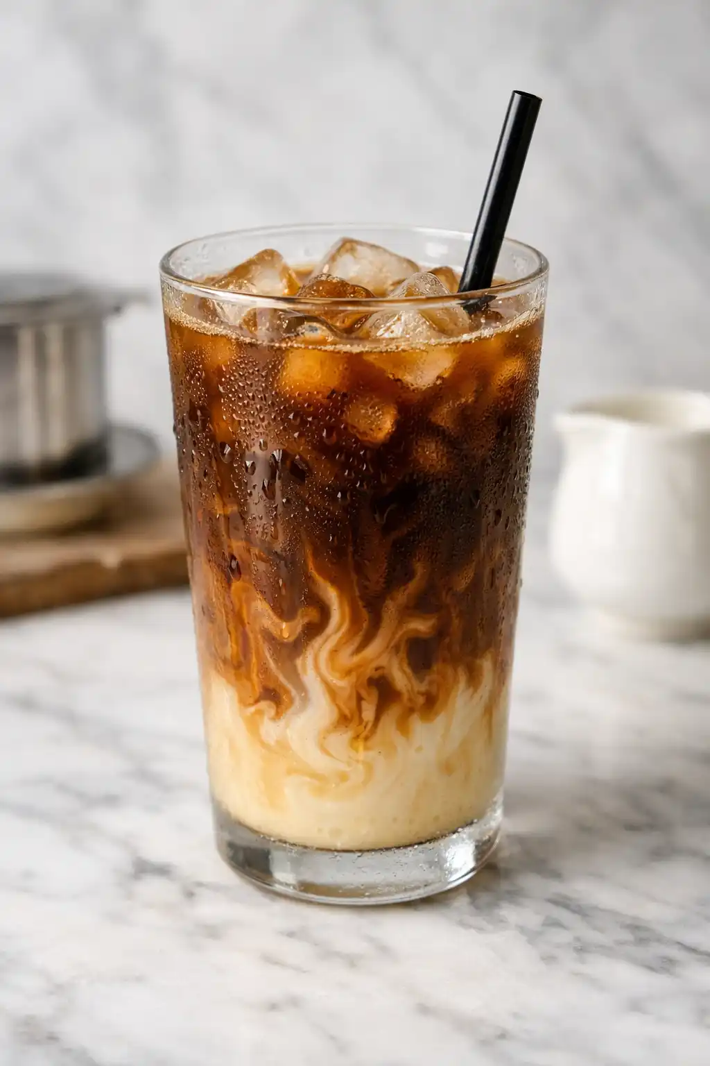Vietnamese iced coffee starbucks style drink with condensed milk swirl