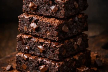 Stack of fudgy protein brownie squares on a wooden board