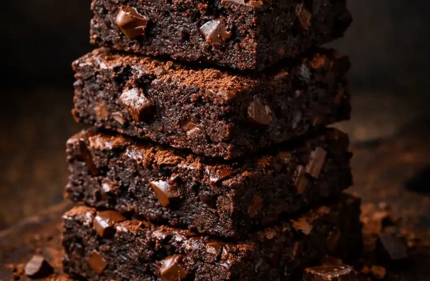 Stack of fudgy protein brownie squares on a wooden board