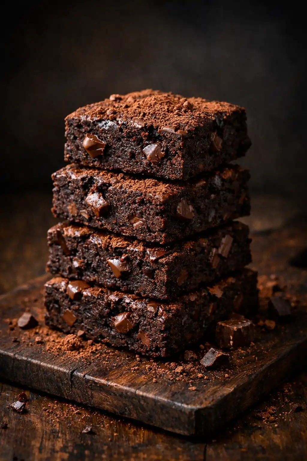 Stack of fudgy protein brownie squares on a wooden board