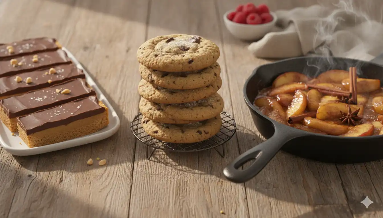 Three homemade dessert ideas: no-bake bars, cookies, and skillet apples