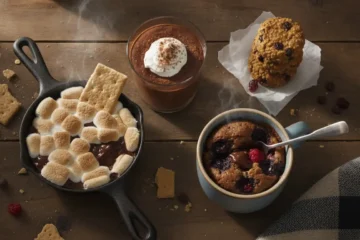 Quick dessert recipes including chocolate mousse, energy bites, mug cake, and s'mores skillet dip
