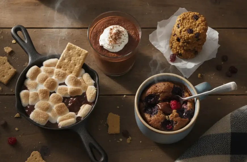 Quick dessert recipes including chocolate mousse, energy bites, mug cake, and s'mores skillet dip