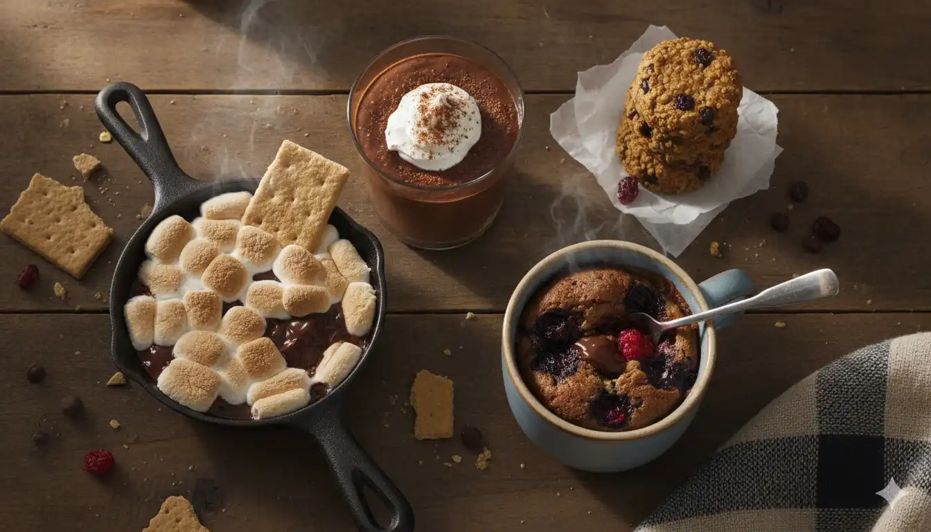 Quick dessert recipes including chocolate mousse, energy bites, mug cake, and s'mores skillet dip