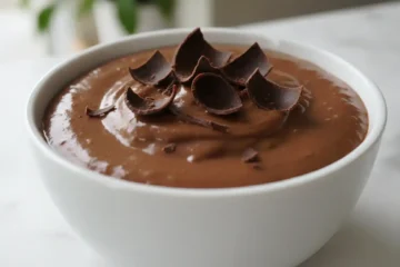 Bowl of creamy chocolate avocado mousse topped with shaved chocolate