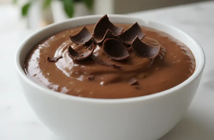 Bowl of creamy chocolate avocado mousse topped with shaved chocolate