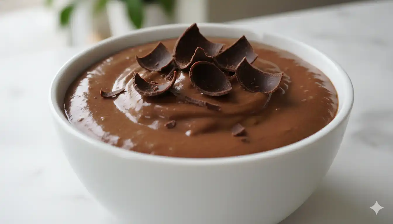Bowl of creamy chocolate avocado mousse topped with shaved chocolate