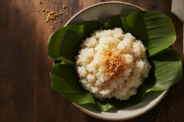 Bowl of vietnamese sweet coconut sticky rice topped with toasted coconut