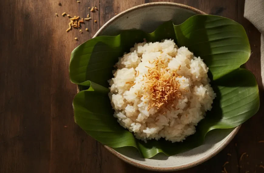 Bowl of vietnamese sweet coconut sticky rice topped with toasted coconut