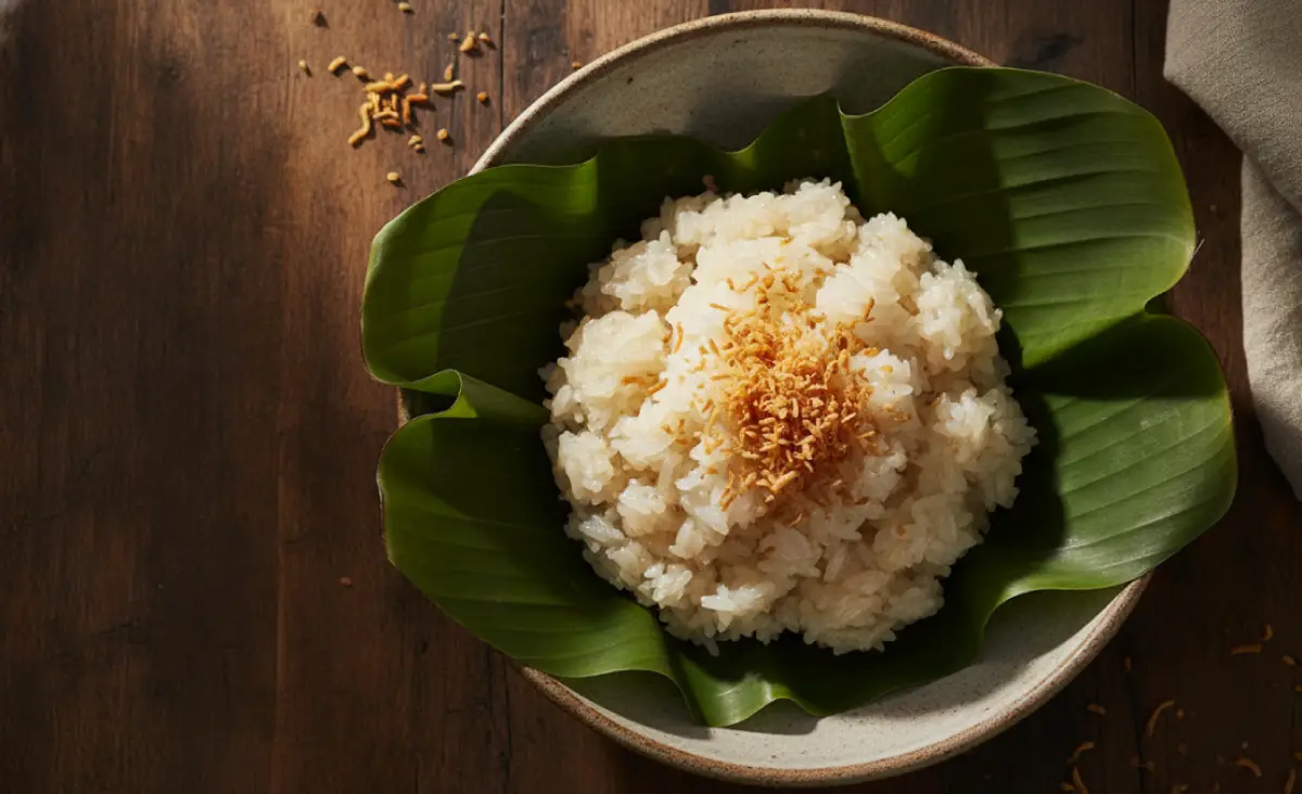 Bowl of vietnamese sweet coconut sticky rice topped with toasted coconut
