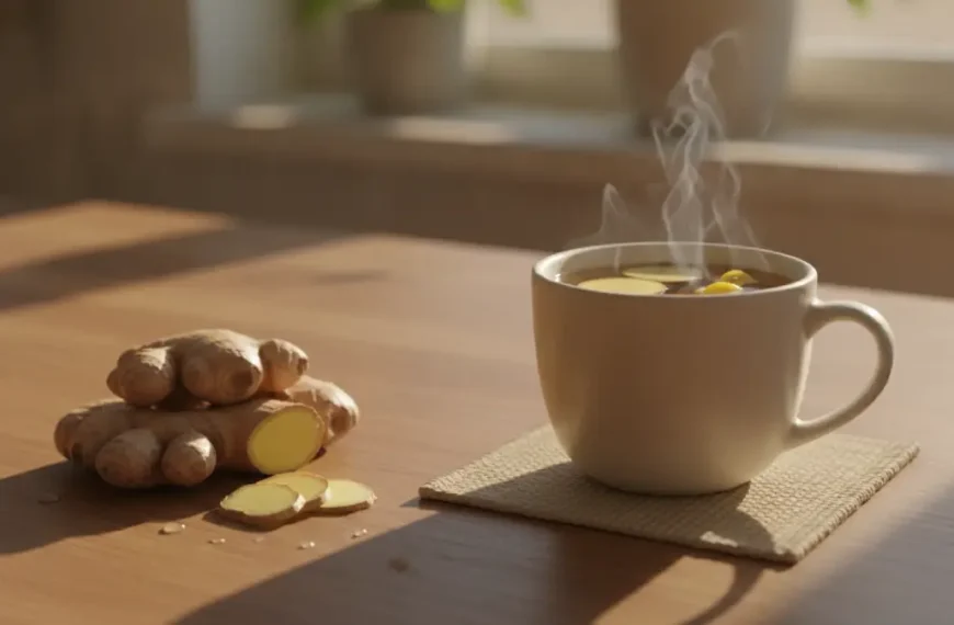 Cup of ginger tea with fresh ginger root, showing how ginger tea improves health naturally
