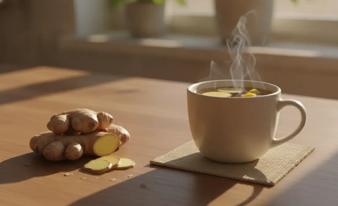 Cup of ginger tea with fresh ginger root, showing how ginger tea improves health naturally