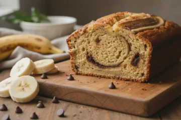 Sliced loaf of protein banana bread on a wooden cutting board