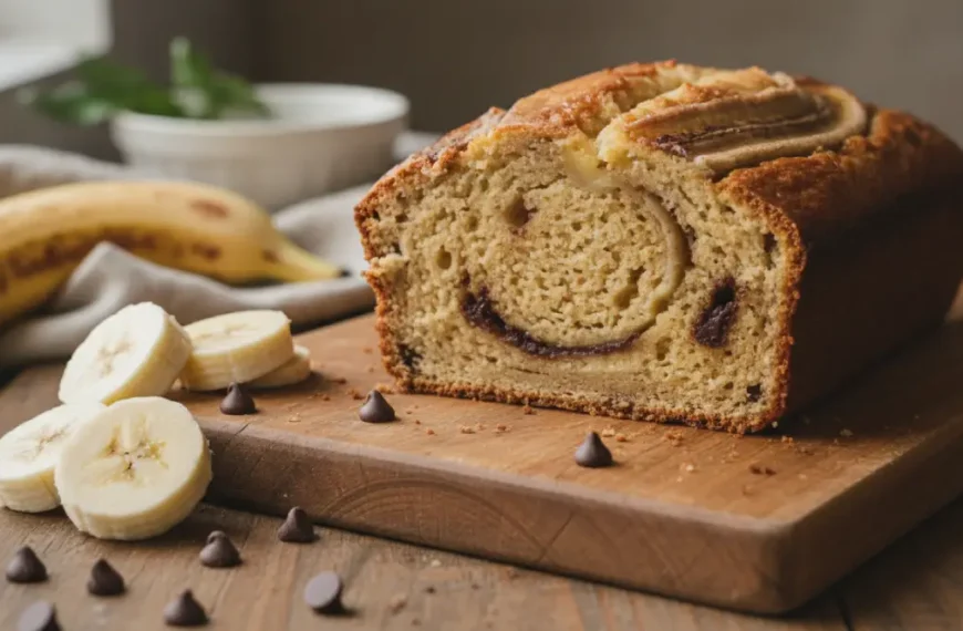 Sliced loaf of protein banana bread on a wooden cutting board