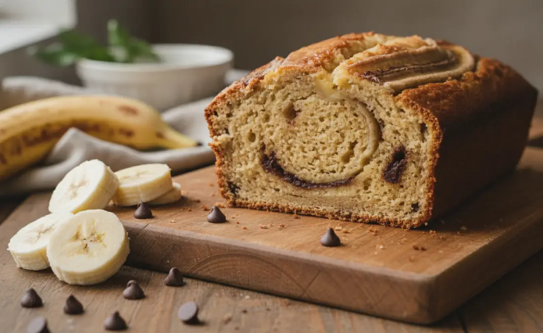 Sliced loaf of protein banana bread on a wooden cutting board