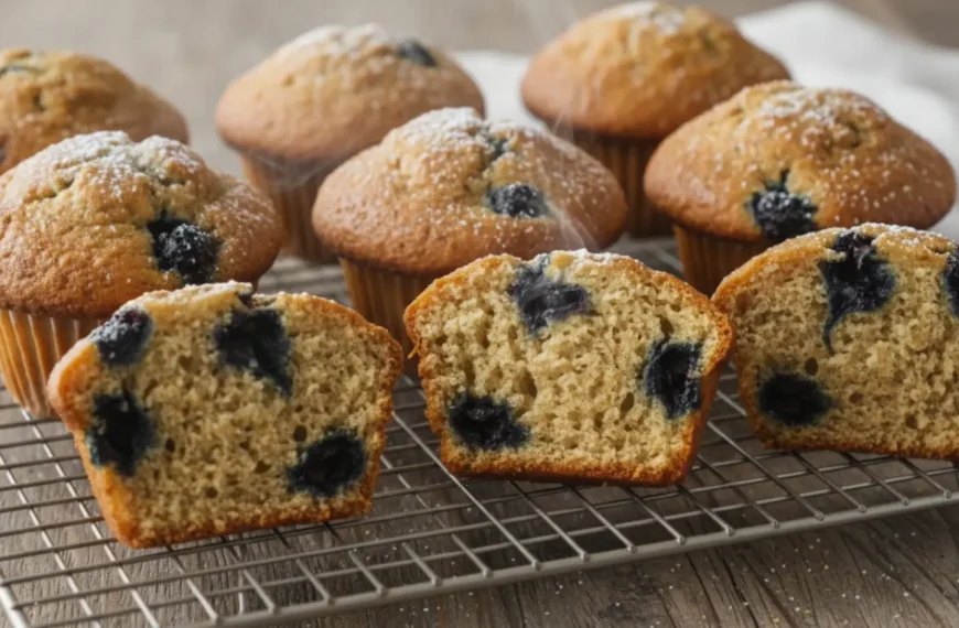 Batch of blueberry protein muffins cooling on a wire rack
