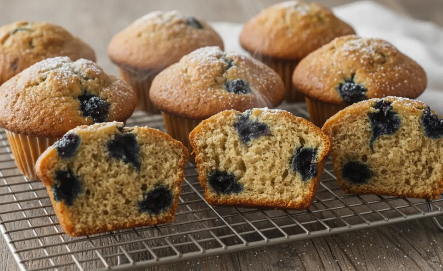 Batch of blueberry protein muffins cooling on a wire rack