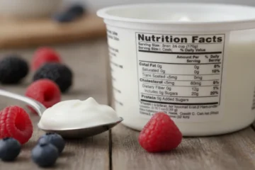 Close-up of a greek yogurt nutrition label showing protein and sugar content