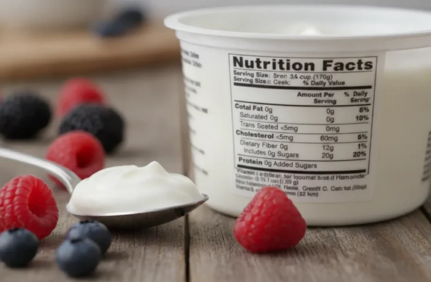 Close-up of a greek yogurt nutrition label showing protein and sugar content