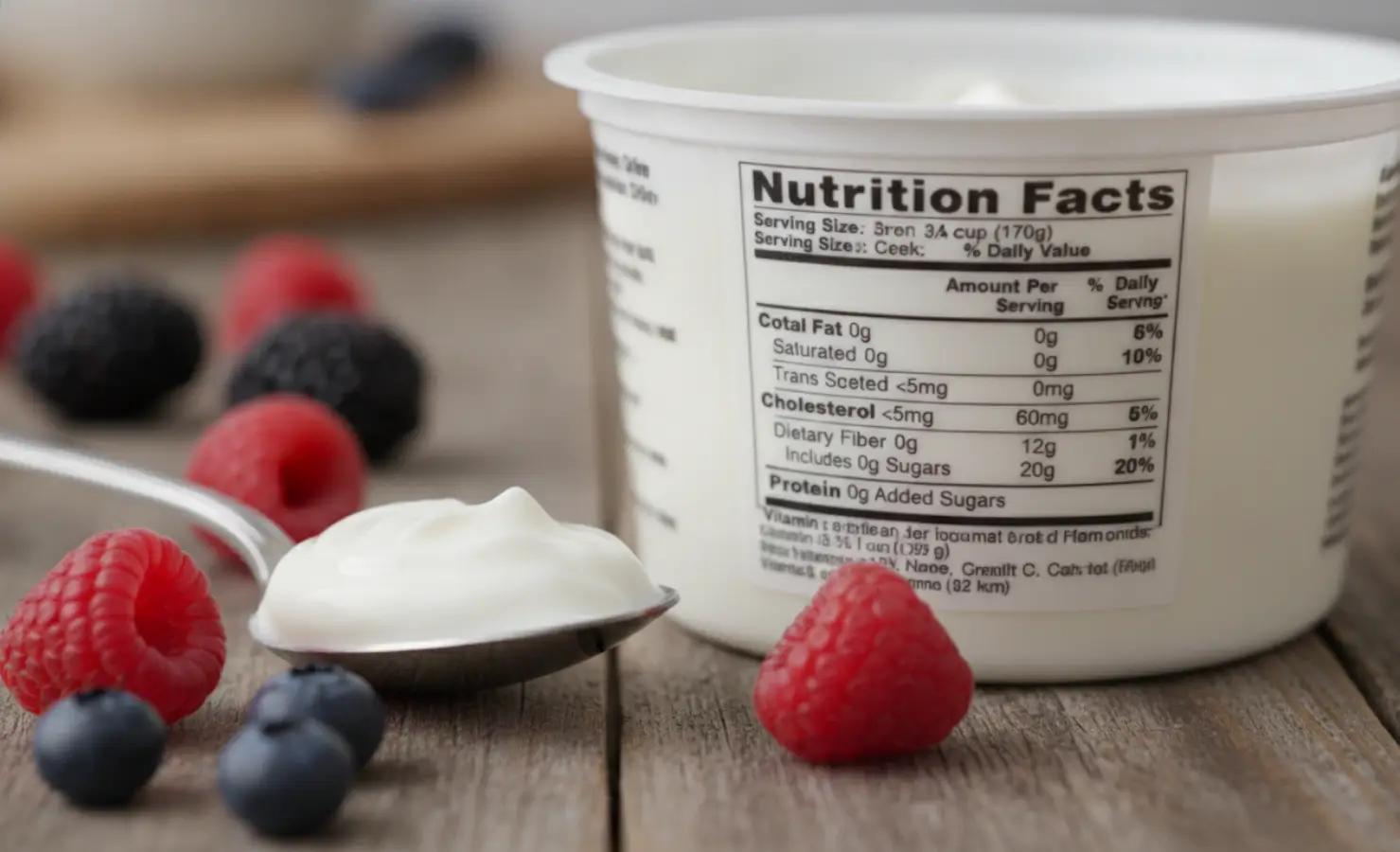Close-up of a greek yogurt nutrition label showing protein and sugar content