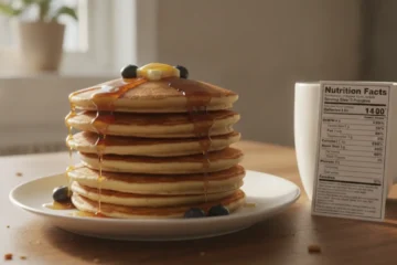 Stack of pancakes next to a nutrition facts label comparison