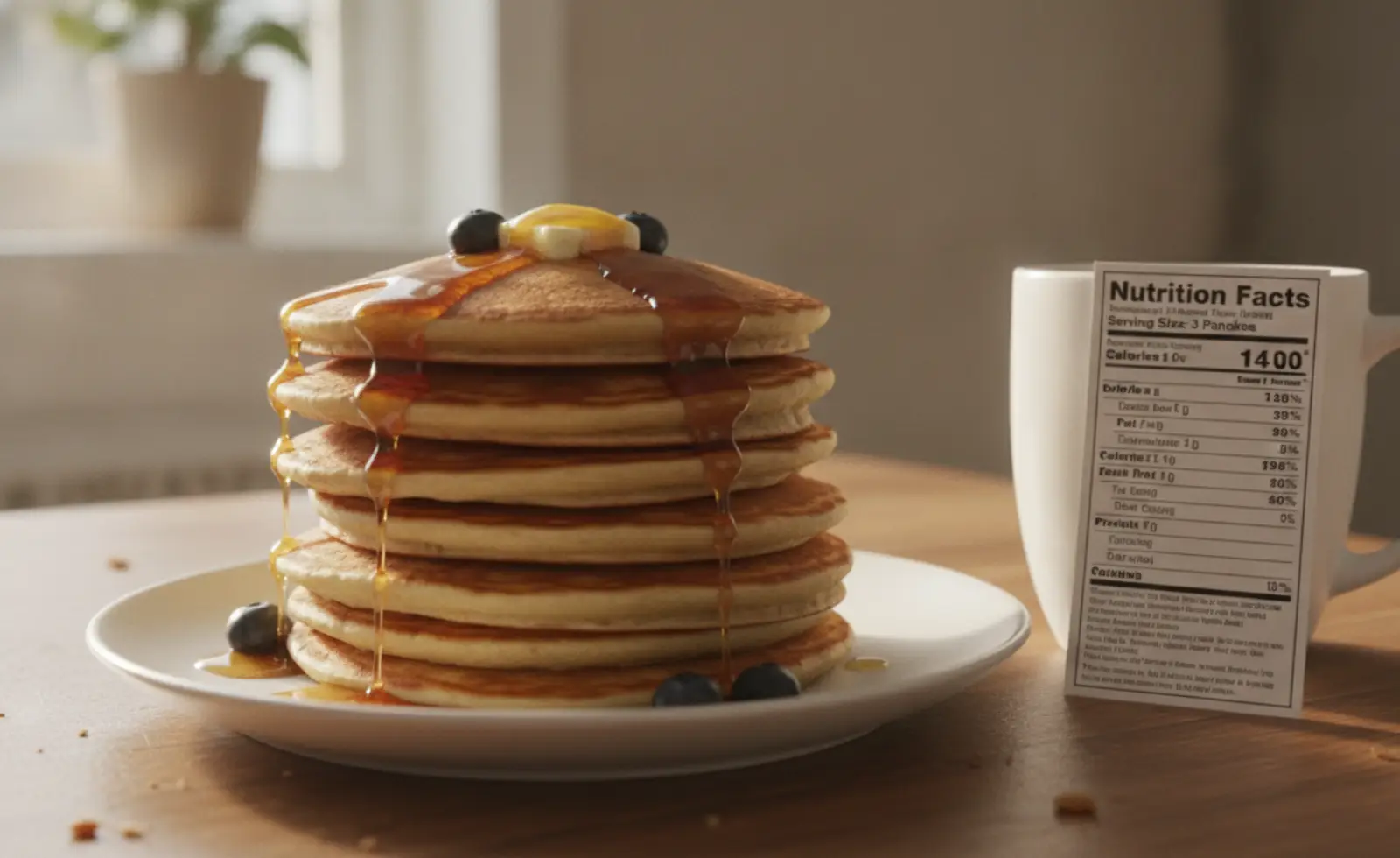 Stack of pancakes next to a nutrition facts label comparison