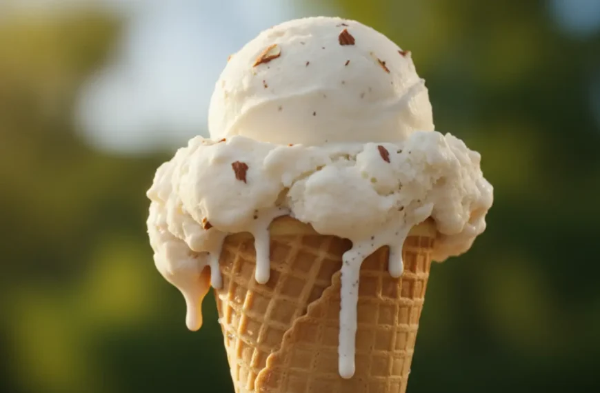 Scoop of almond milk ice cream in a bowl with a waffle cone