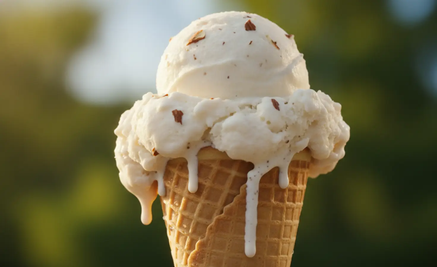 Scoop of almond milk ice cream in a bowl with a waffle cone