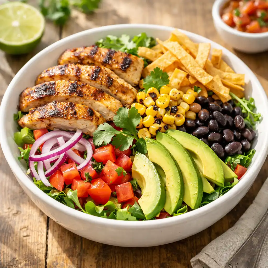 grilled chicken taco salad recipe with avocado corn black beans and tortilla strips
