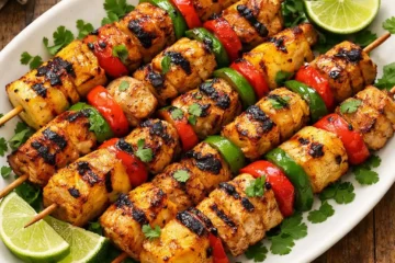 Hawaiian chicken kabobs with sweet pineapple grilled skewers with colorful peppers onions and caramelized pineapple on white platter