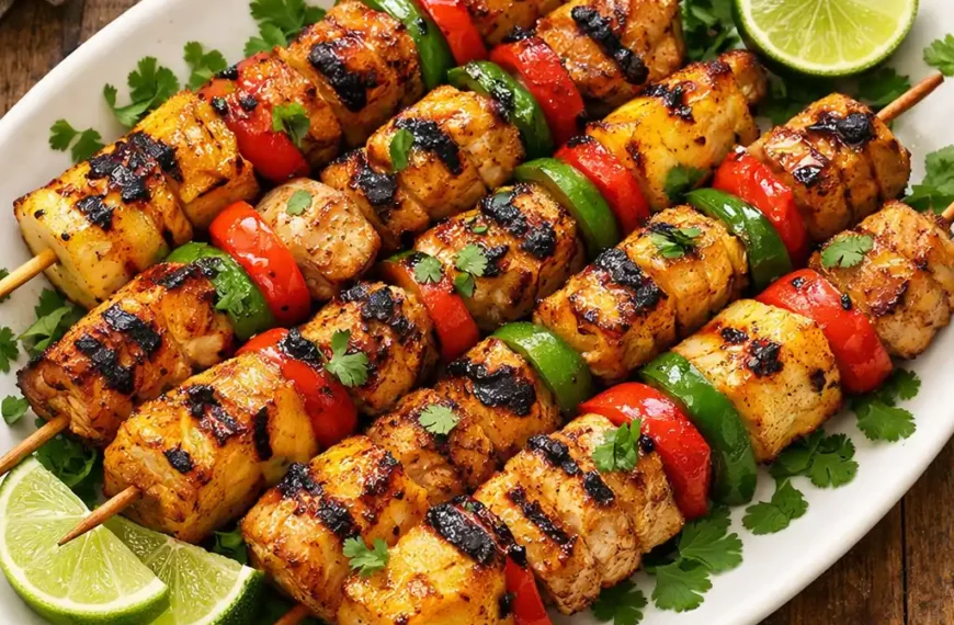 Hawaiian chicken kabobs with sweet pineapple grilled skewers with colorful peppers onions and caramelized pineapple on white platter