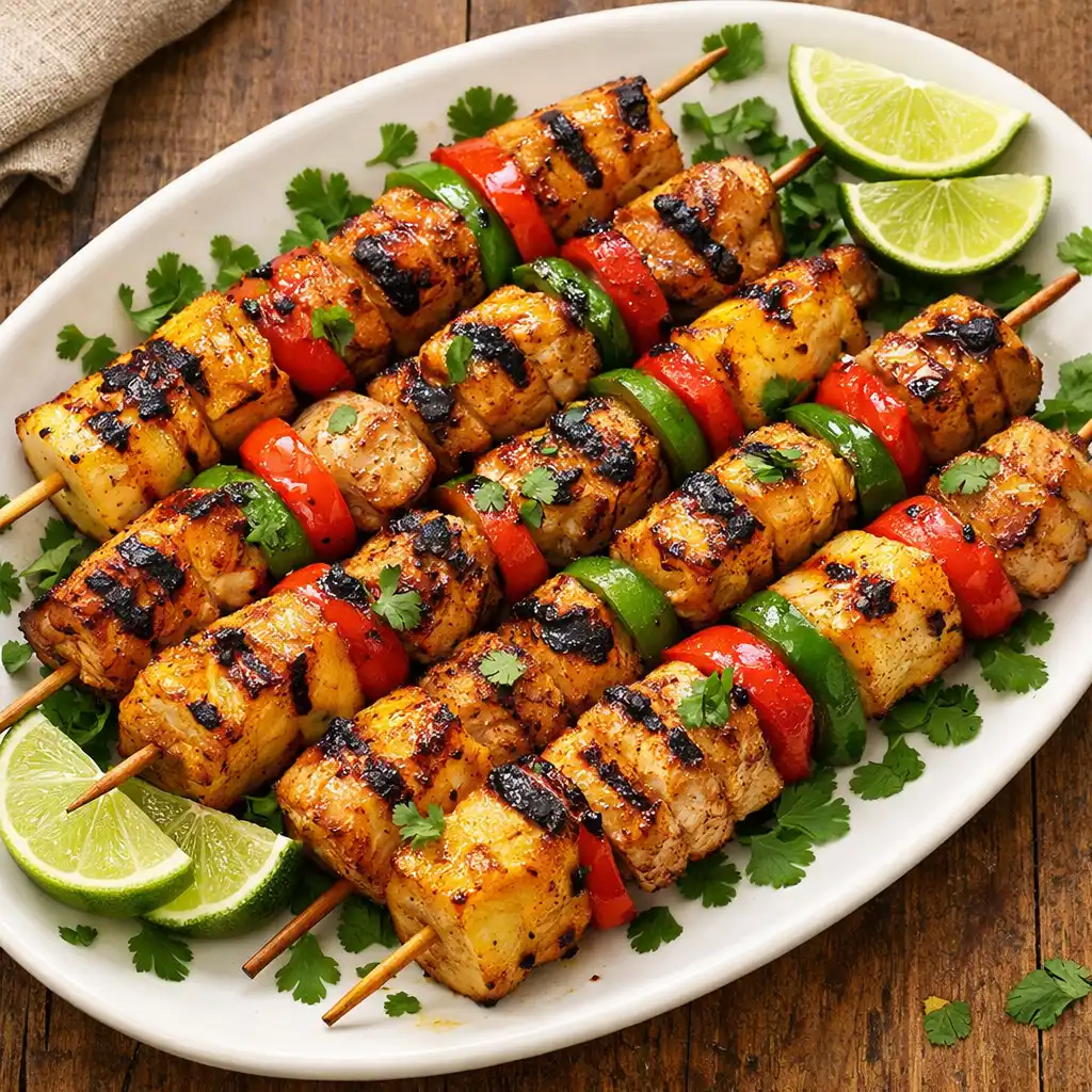 Hawaiian chicken kabobs with sweet pineapple grilled skewers with colorful peppers onions and caramelized pineapple on white platter