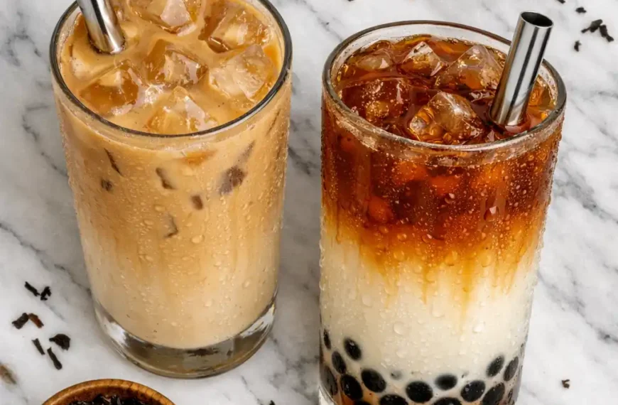milk tea recipe two glasses of creamy homemade milk tea with tapioca pearls and wide straws on marble