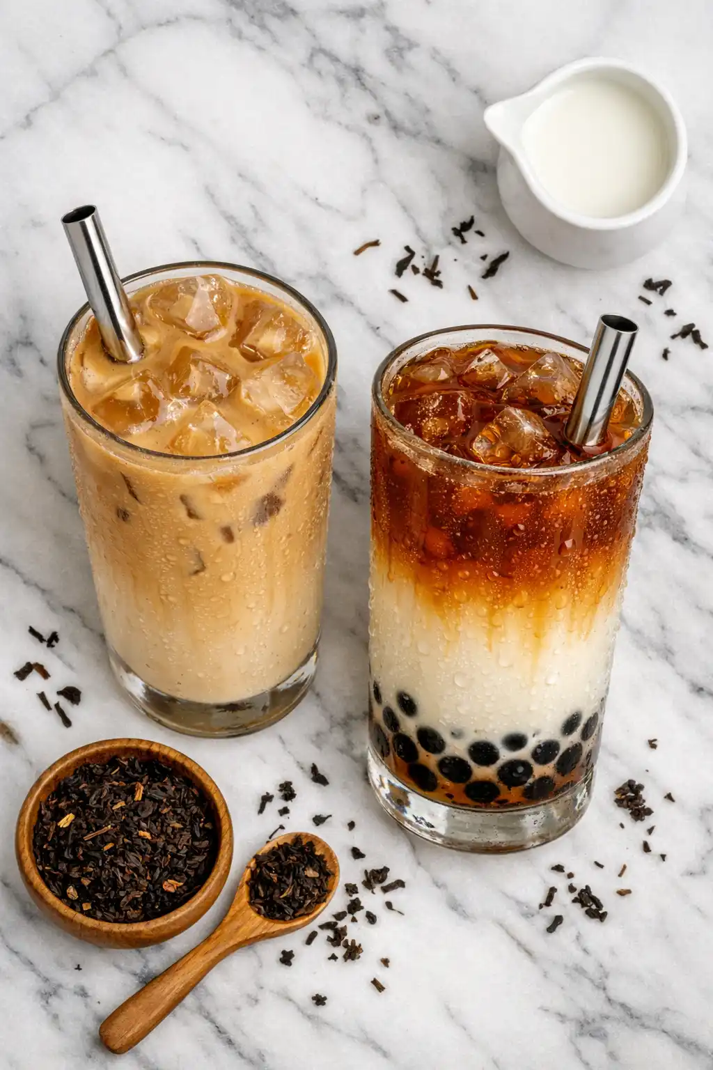 milk tea recipe two glasses of creamy homemade milk tea with tapioca pearls and wide straws on marble