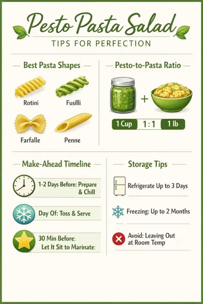 pesto pasta salad infographic showing best pasta shapes pesto ratio make ahead tips and storage guide