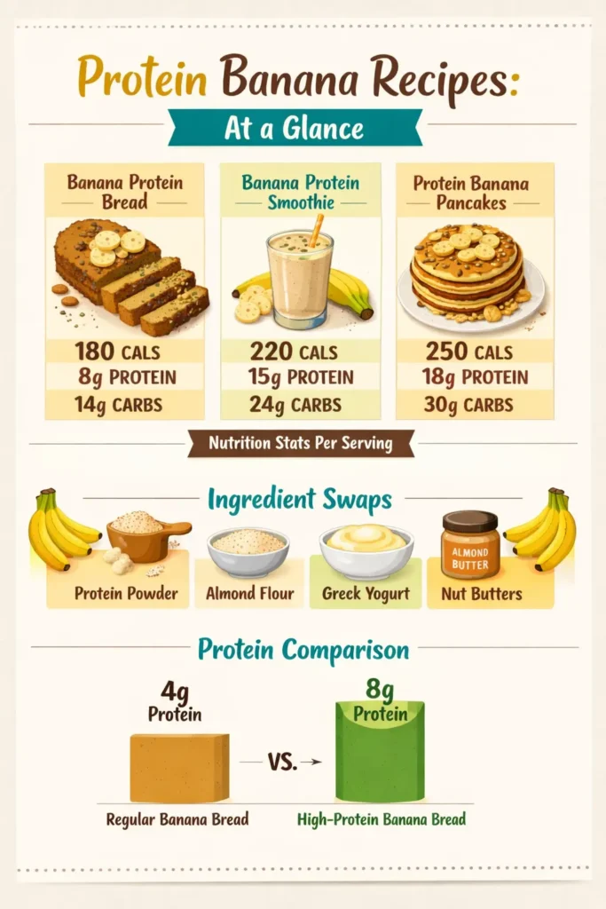 infographic comparing protein banana recipes nutrition with greek yogurt banana bread ingredient breakdown