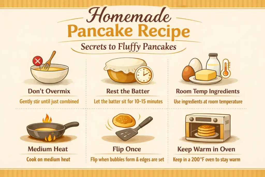 homemade pancake recipe infographic showing fluffy pancake tips and common mistakes