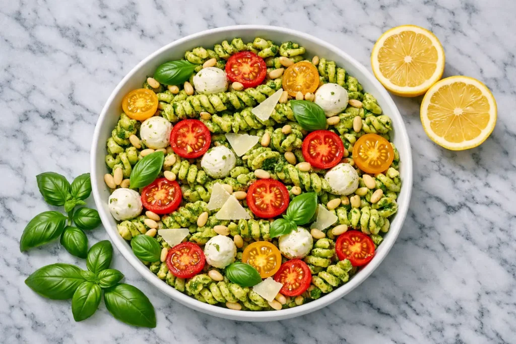 pesto pasta salad with fresh basil cherry tomatoes mozzarella and pine nuts in large white serving bowl