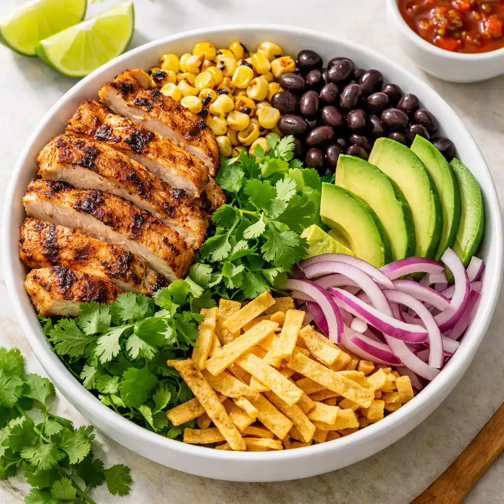 grilled chicken taco salad recipe with avocado corn black beans and tortilla strips