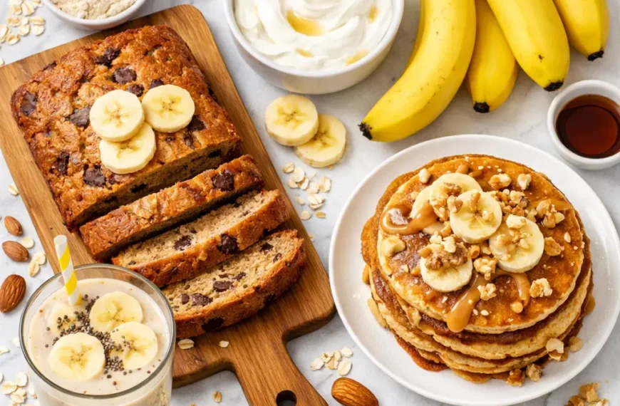 protein banana recipes flat lay with greek yogurt banana bread smoothie and pancakes