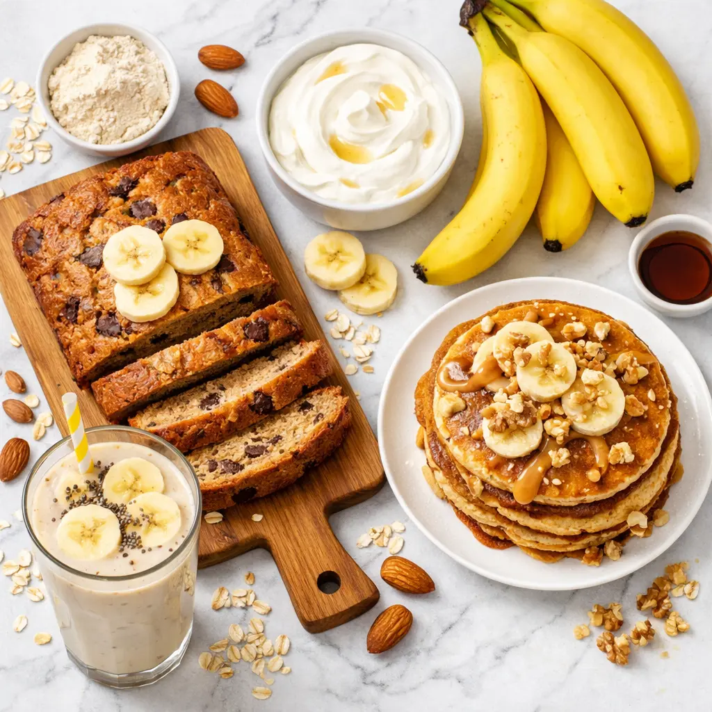 protein banana recipes flat lay with greek yogurt banana bread smoothie and pancakes