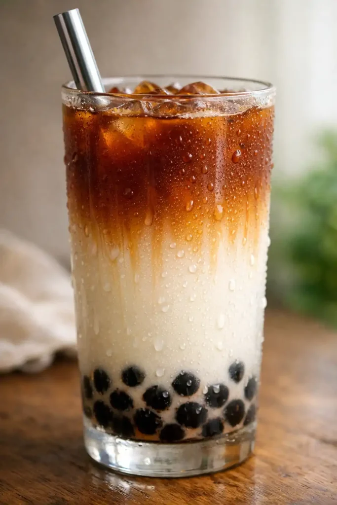 milk tea recipe iced creamy glass with tapioca pearls gradient and wide straw on marble surface