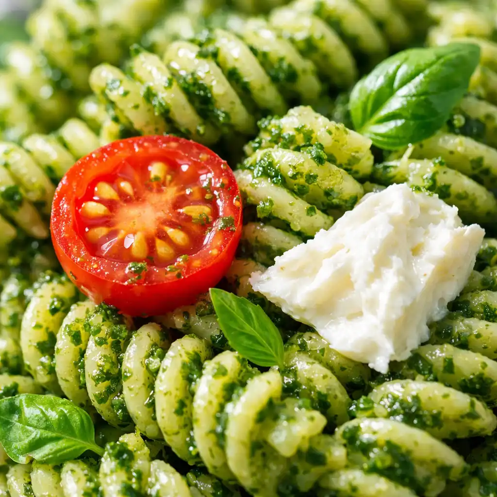 pesto pasta salad close up rotini coated in vibrant green basil pesto with cherry tomatoes mozzarella and fresh basil