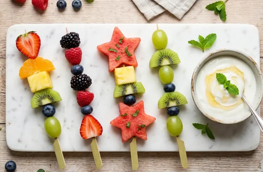 cute fruit kabob ideas colorful rainbow fruit skewers on white platter with dipping sauce