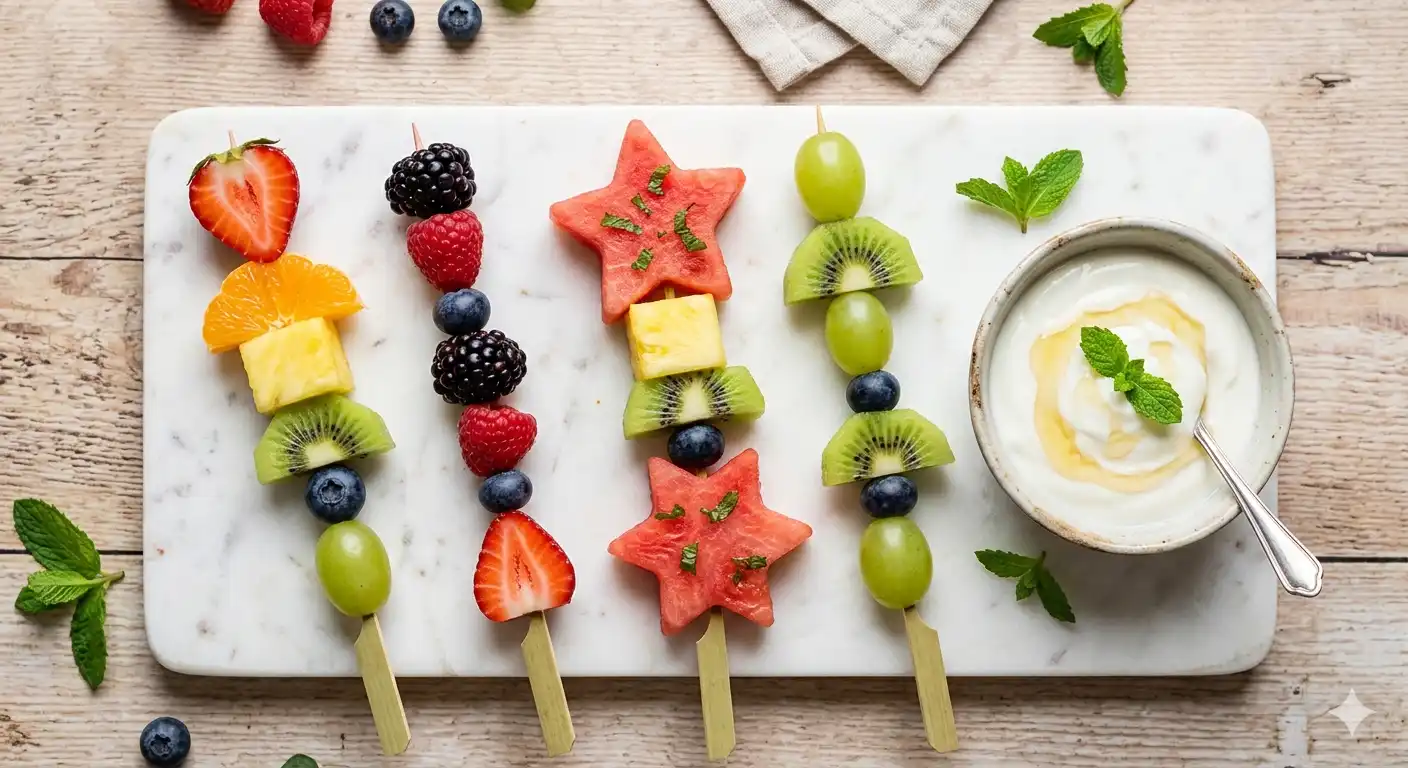 cute fruit kabob ideas colorful rainbow fruit skewers on white platter with dipping sauce