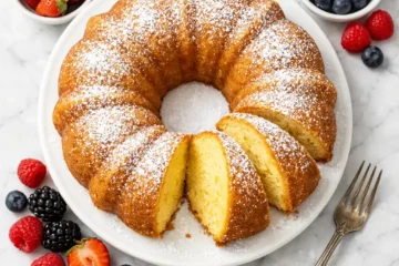 pound cake from cake mix golden bundt on white cake stand with powdered sugar and sliced pieces showing moist golden crumb