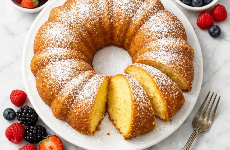 pound cake from cake mix golden bundt on white cake stand with powdered sugar and sliced pieces showing moist golden crumb